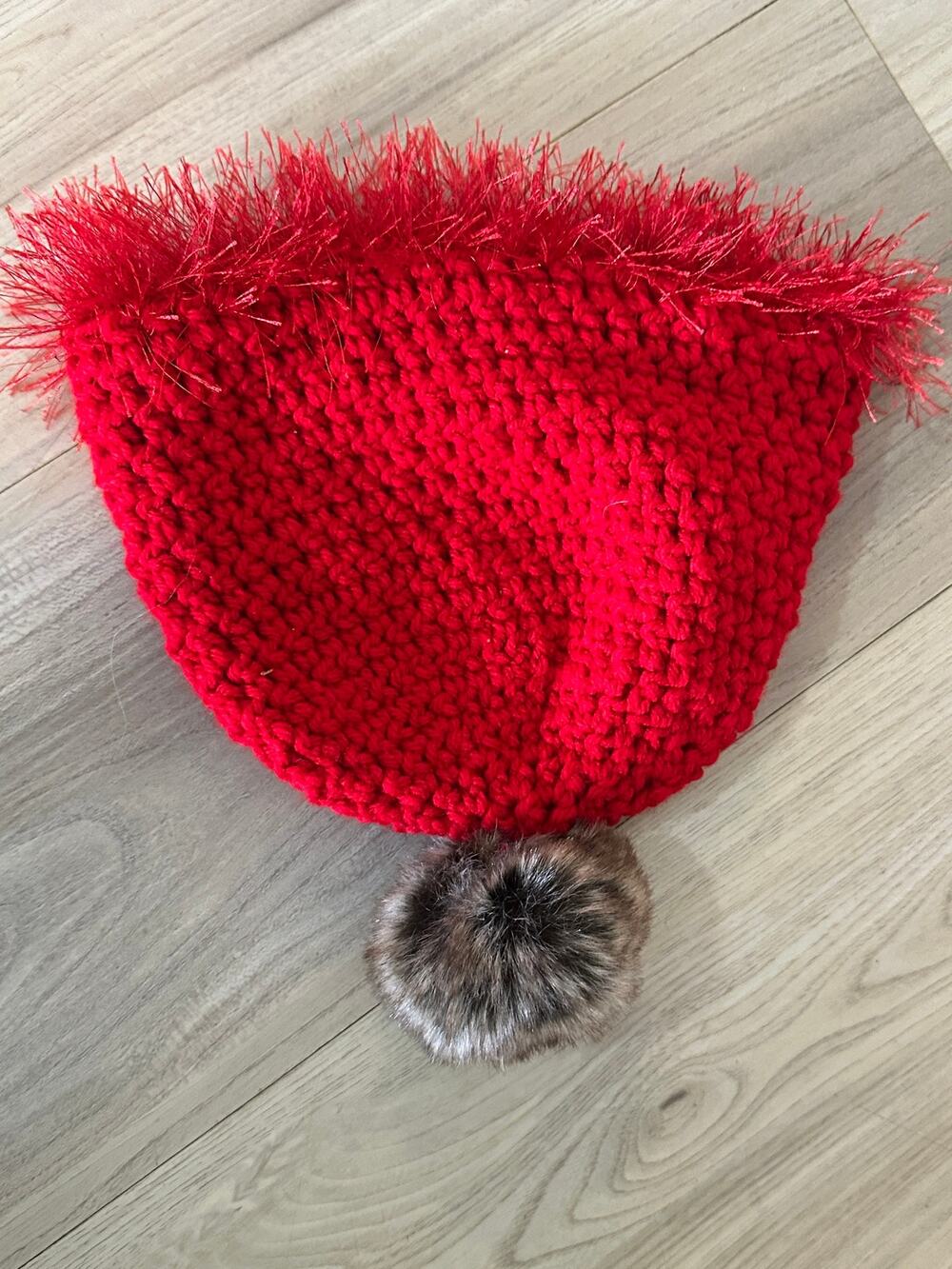Handmade Red Chunky Crochet Beanie Eyelash Yarn Trim Faux Fur Pom Pom Winter Hat